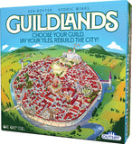 Board game box for 'Guildlands' with a colorful illustration of a city layout and the creator names, Ken Boyer and Kedric Winks.