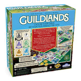 Guildlands board game box bottom featuring a colorful deseign with the title 'GUILDLANDS' in large white letters, game rules text, guild icons, and a city-building board layout illustration.