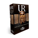 A boxed board game titled "UR: Game of the Ancient Sumertian Kings" in the  NewVenture Games Peg Pastimes. The front features a carved wooden mask face and several stone tablet textures on a dark brown background.