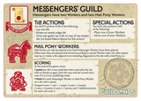 Instruction card for a board game called "GuildLands" with illustrated red horse figures, black text, and a beige parchment-like background. The card includes sections for tile actions, special actions, mail pony workers, scoring, and a Guildlands logo.